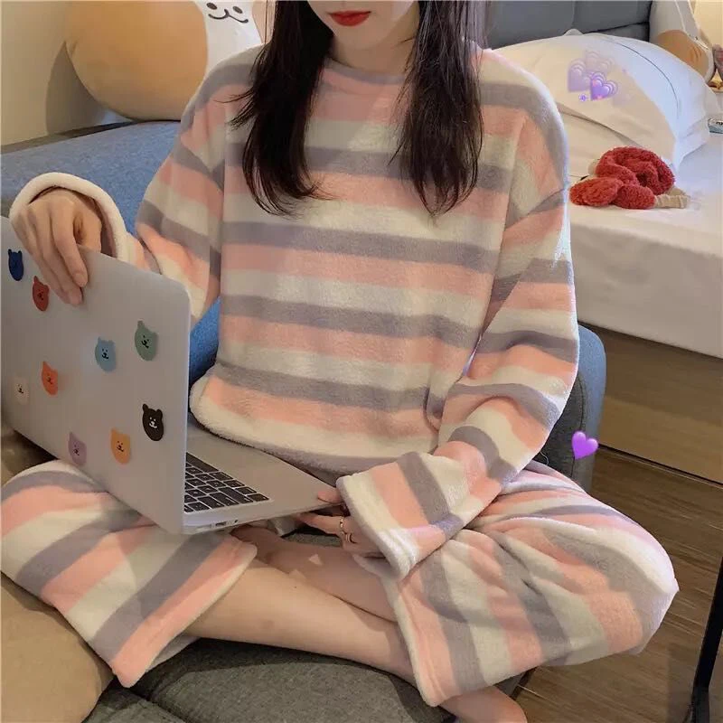 

Autumn Winter Warm Flannel Women's Pajamas Suit Long-sleeved Trousers Set Cute Soft Home Wear Clothes Coral Fleece Pyjamas