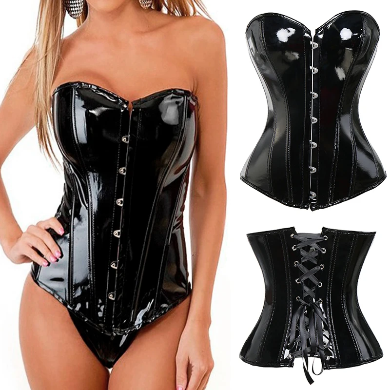 

Women Faux PU Leather Steampunk Corset Top Overbust Bustier Gothic Lace Up Corselet Waist Trainer Body Shaper Corsets Bustiers