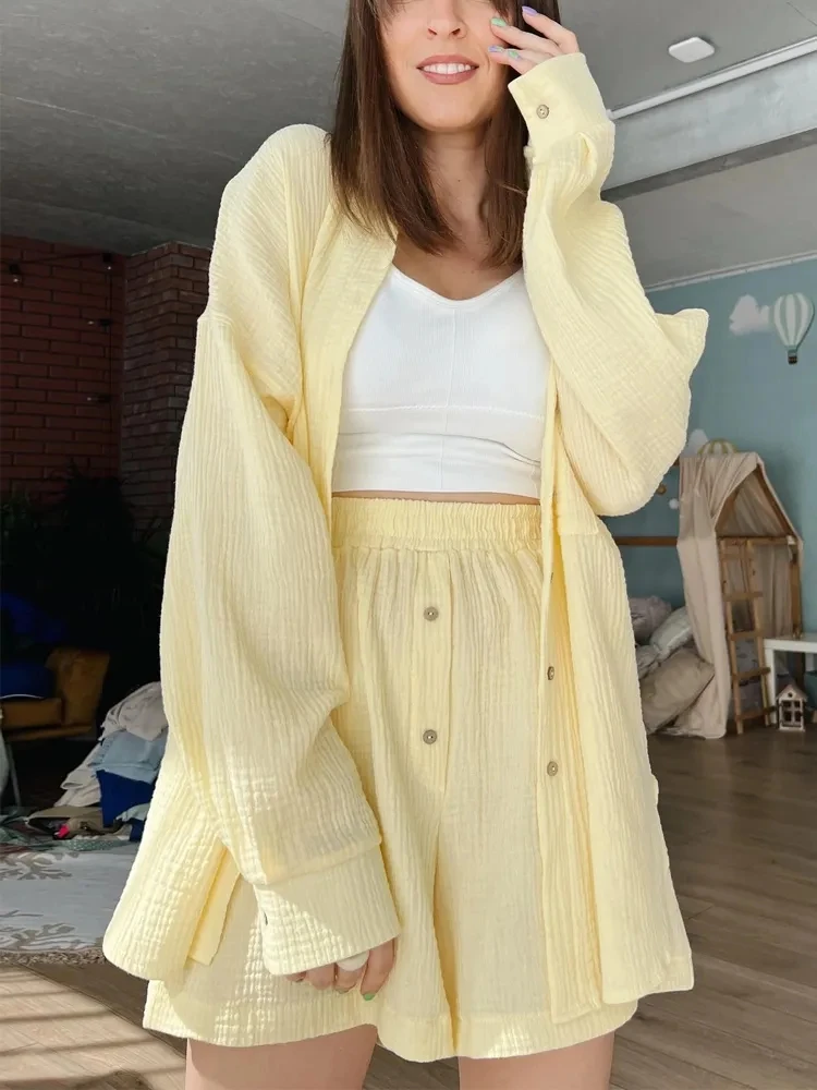 

Casual Loose Shorts Set Women Summer Cotton Pajamas Sui Long Sleeve Two Piece Set Female Tracksuit Suit Shirt Shorts for Women