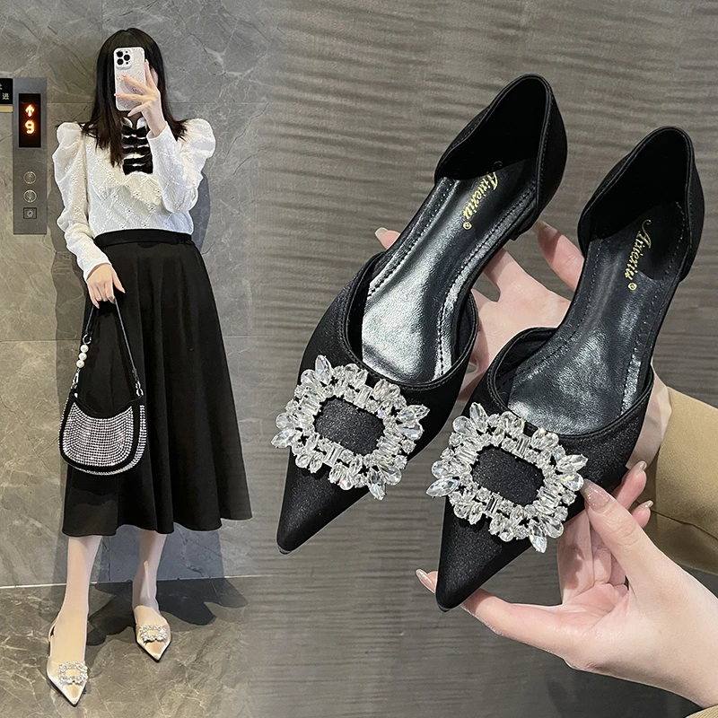 

New Fashion Crystal Buckle Women's Flats Pointed Toe Rhinestones Single Shoes Crystal Slip on Mules Dress Shoes