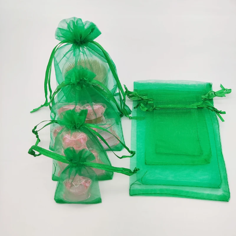 

100 шт., травяно-зеленые зернистые сумки, прозрачная органза, Подарочная сумка на шнурке для упаковки ювелирных изделий, сумка для хранения