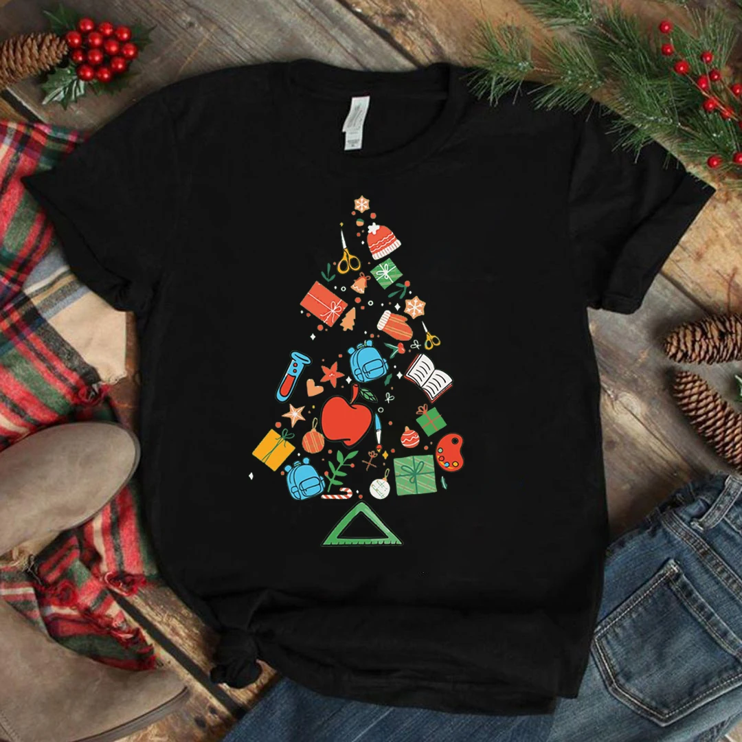 

Teeteety Womens High Quality 100% Cotton Christmas Tree Teacher Print O-neck T-shirt