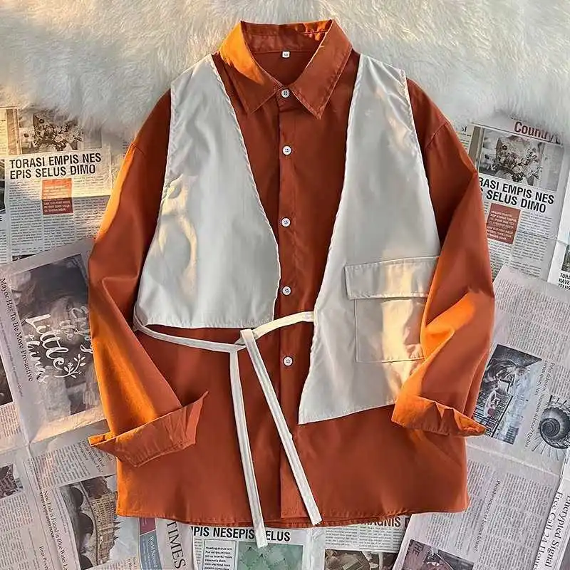 

Men's autumn long-sleeved shirt men's tide brand trend loose fake two-piece vest tooling long-sleeved shirt