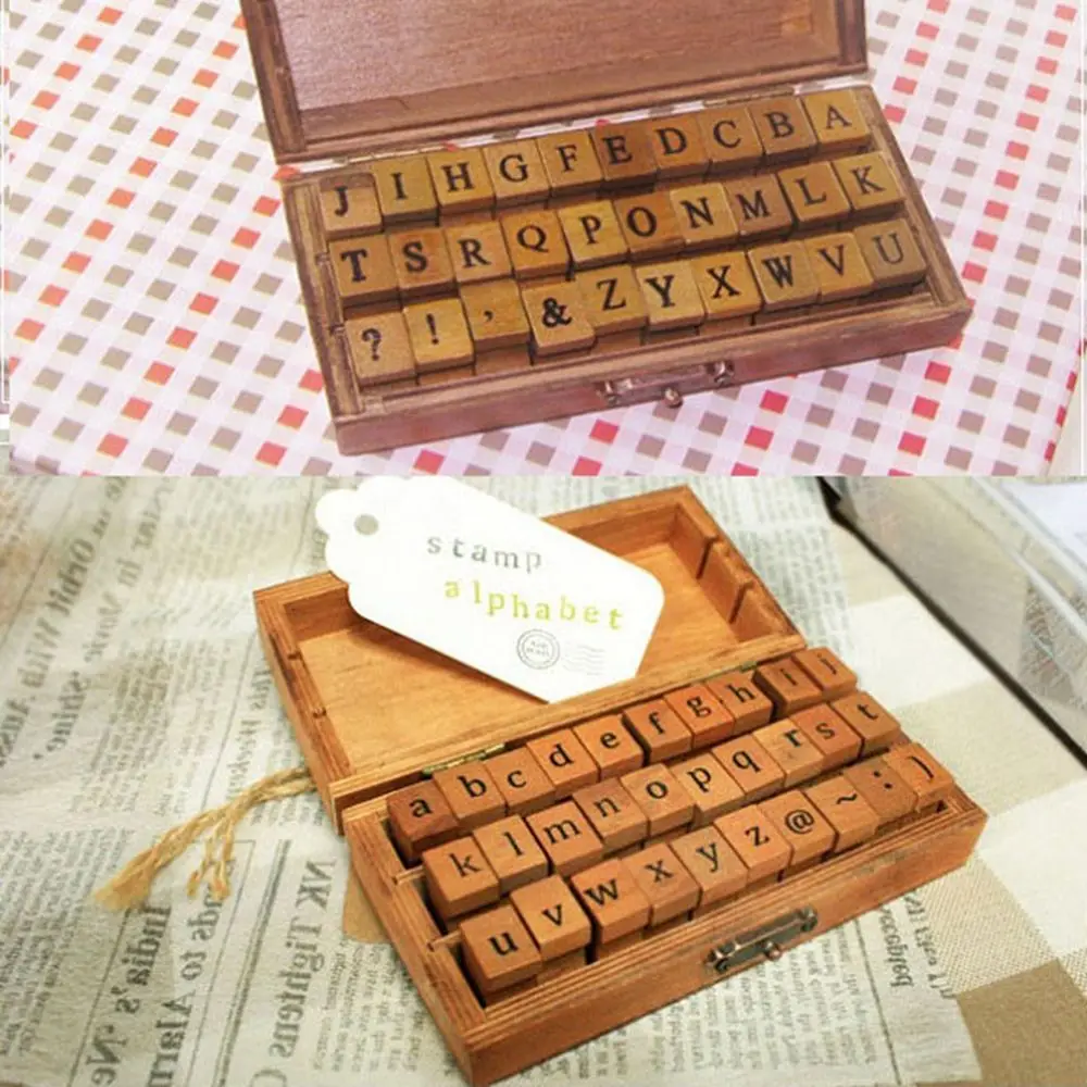 

30pcs Retro Alphabet Letter Uppercase Lowercase Wooden Rubber Stamp Wooden Box Set Craft Stamps for Scrapbooking