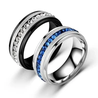 european and american new stainless steel diamond ring black fashion jewelry single row blue diamond mens titanium steel ring
