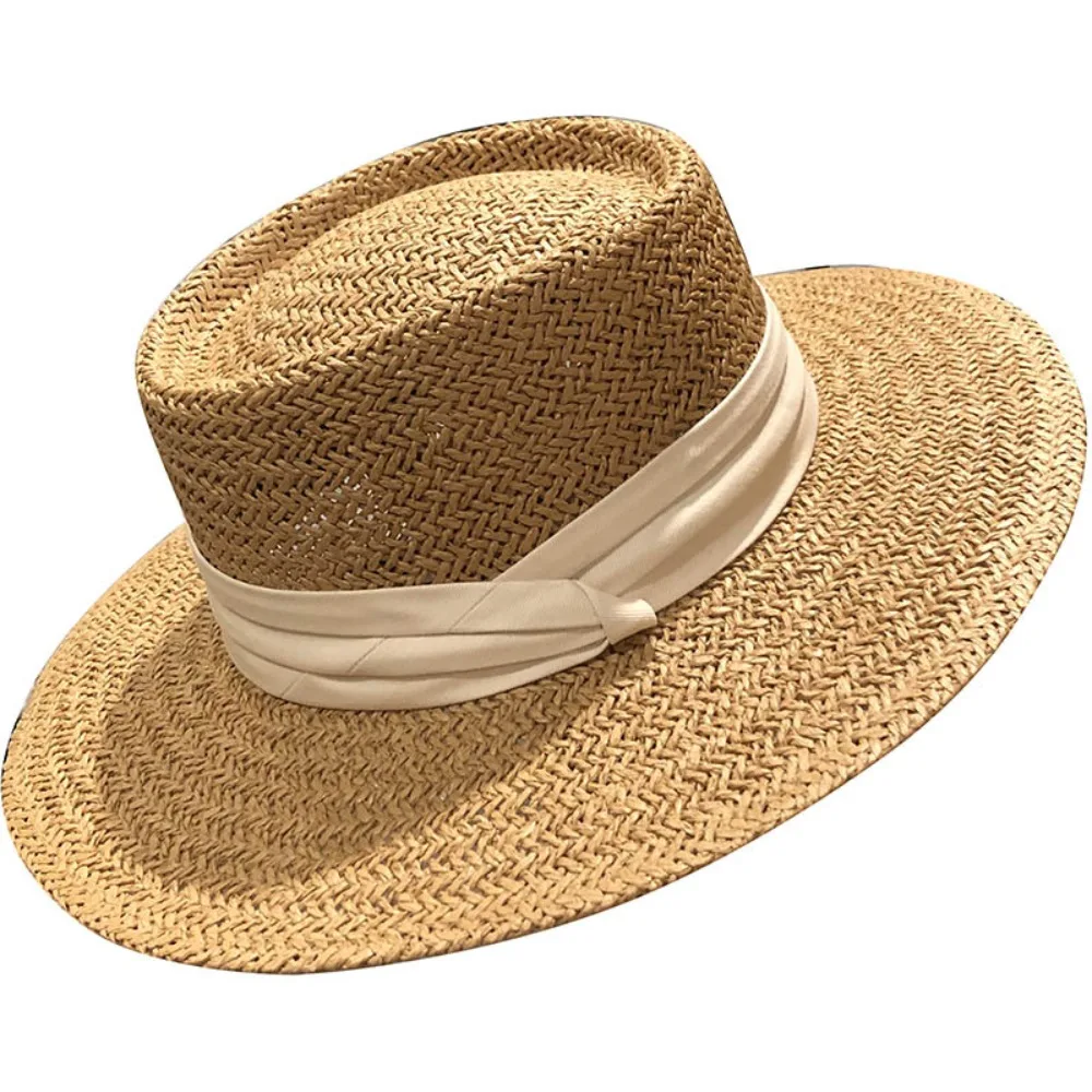 

Summer Sun Hat Ladies Fashion Girl Straw Hat Ribbon Bow Beach Hat Casual Grass Flat Top Panama Hat Bone Womens Visor Panama Cap