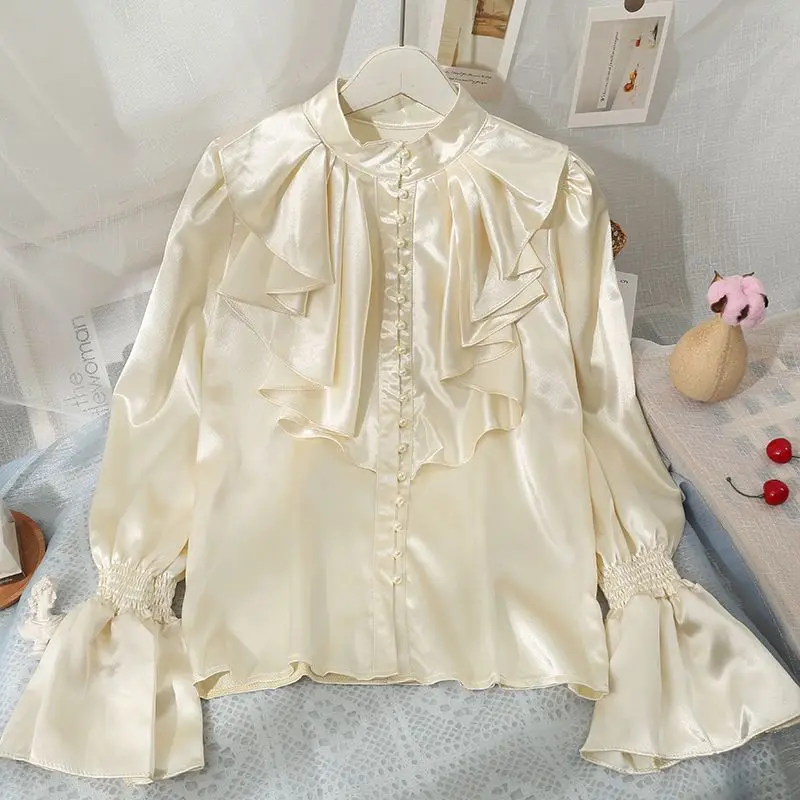 Рубашка женская с воротником-стойкой блестящая однобортная свободная сорочка