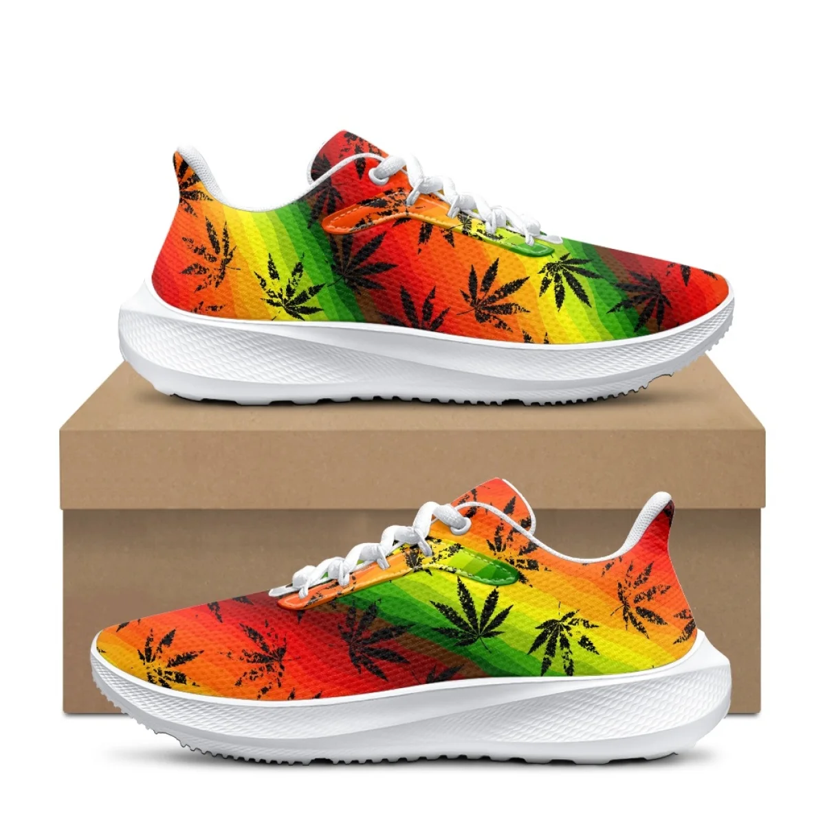 

Green Weed Leaves Pattern Ladies Spring Autumn Sport Shoes Convenient Indigenous Art Design Sneakers Soft Outdoor Work Footwear