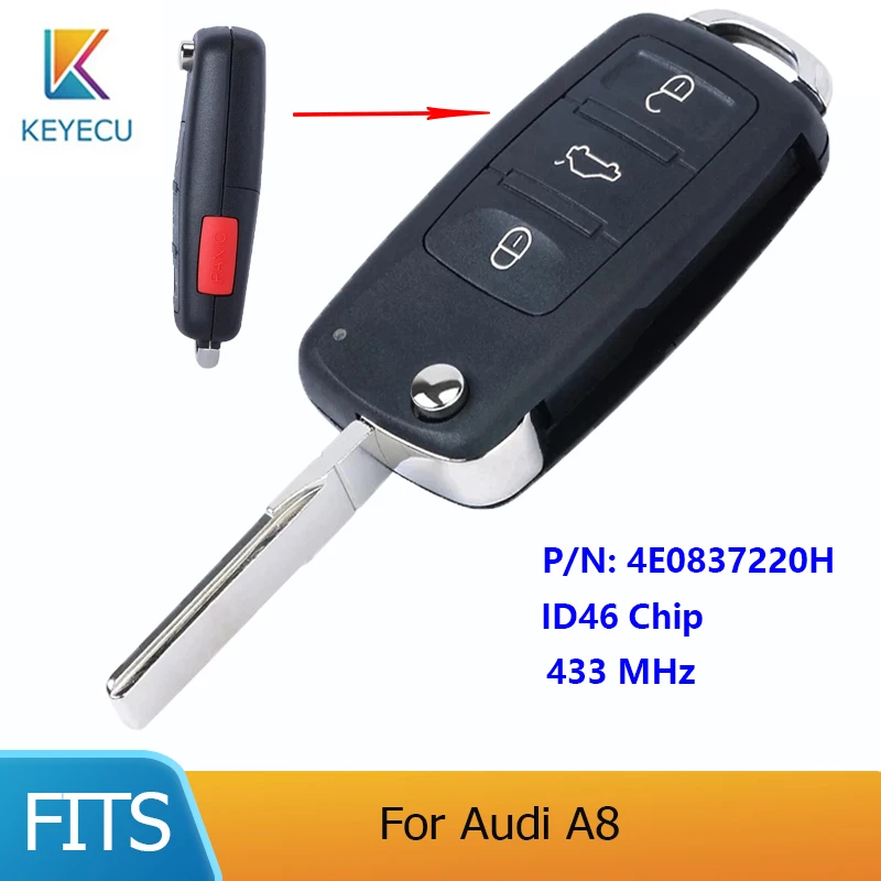 KEYECU P/N: 4E0 837 220H, 4E0 837 220 H Flip Remote Car Key Fob 4 Buttons 433Mhz FSK 46 Chip for Audi A8
