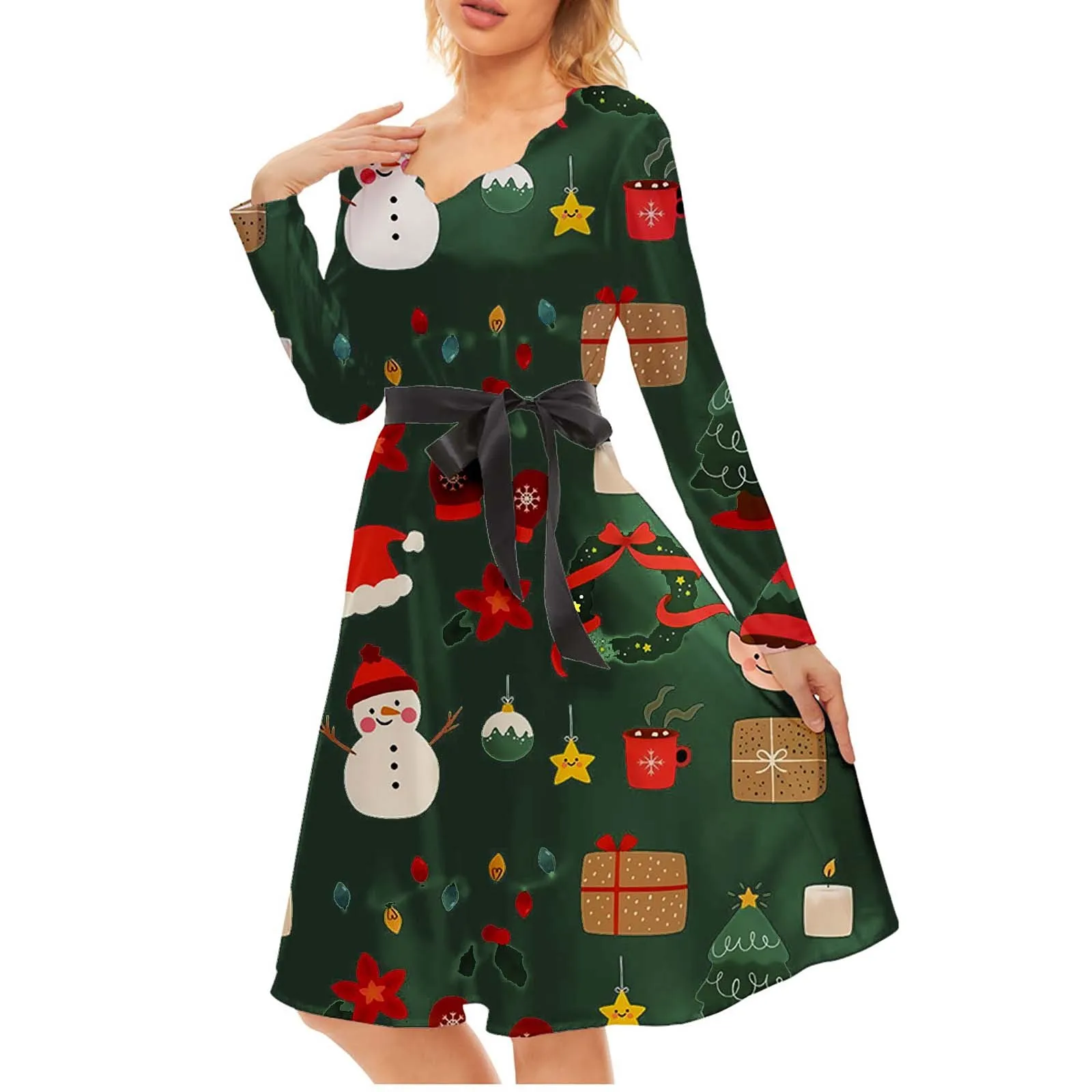 

Women's Dress Christmas Santa Snowflake Printed Style Dresses A-line Long-sleeved Casual Loose Chiffon Dresses for Women Party