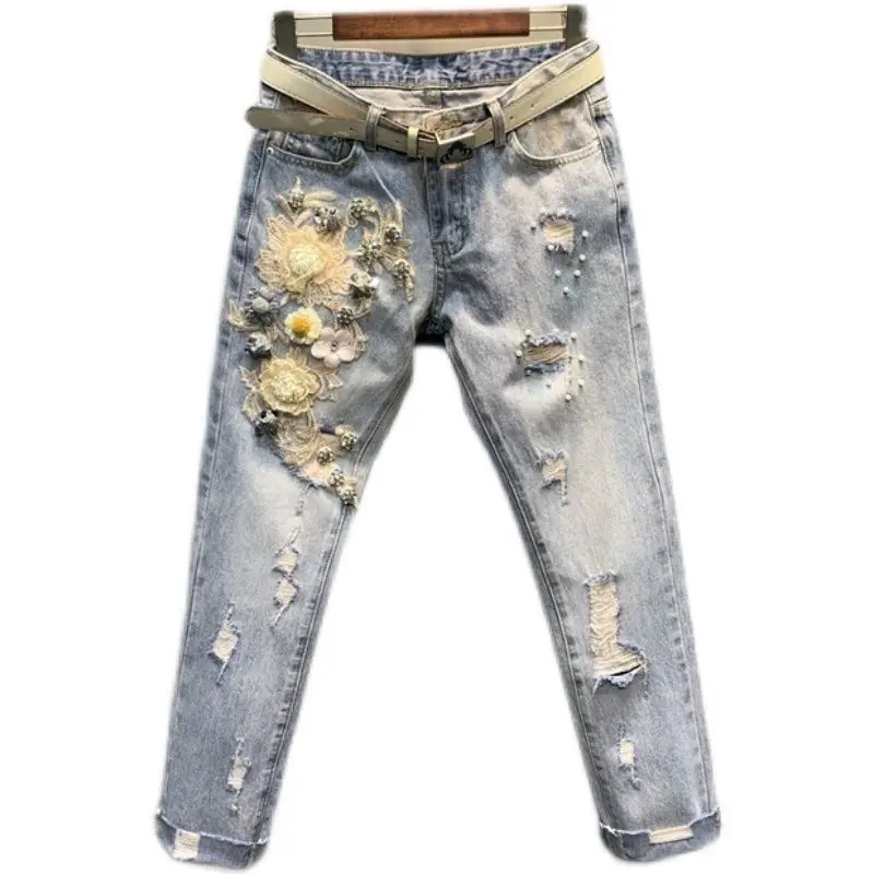 Printed Flower Jeans Woman Summer Fashion Harem Pants 2023 New Loose Denim Elastic Waist Vintage Ankle-length Pants B15