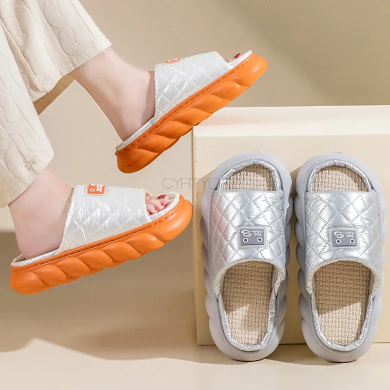 Down Cloth Designed Women's Home Slippers Linen Open Toe Indoor Slippers Female EVA Non-Slip Thick Sole Woman Winter Slippers