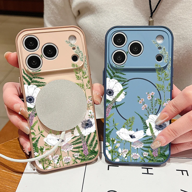 Фото Чехол INS с рисунком белых цветов для iPhone 17 Pro Max, магнитный, для Magsafe, тонкий матовый чехол для iPhone 16 15 14 13 Pro Max №4
