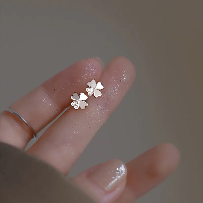 

925 Silver Simple Ear Piercing Jewelry Silver Color Plant Flower Clover Zircon Stud Earrings for Woman Girl Teen Jewelry Gift