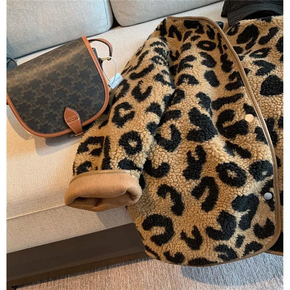 Leopard Print Fur One Short Coat Women's Autumn  Winter 2022 Korean Fashion Loose Casual Faux Fur Coat Girl Top Clothes