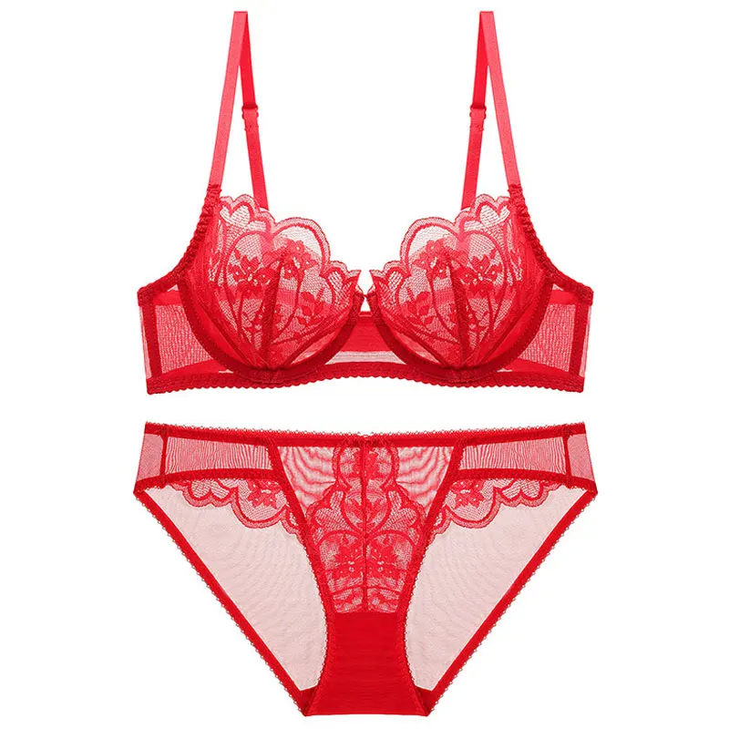 

Sexy Petal Shape Ultra-thin Cup Bra Set Push-up Underwear Set Embroidery Brassiere Gather Bra Plus Size Lace Lingerie Set