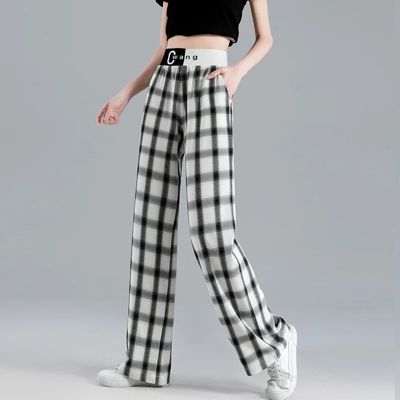

Plaid wide leg pants women's summer 2023 new high waist hanging feeling with elastic waist straight leg casual mopping pants