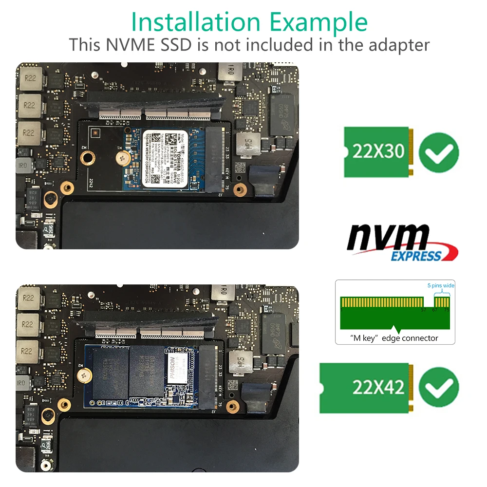 Адаптер M2 SSD для Macbook 1708 NVM-e поддерживает 2230 дюйма 2242 Φ M.2 Apple Pro A1708 адаптер