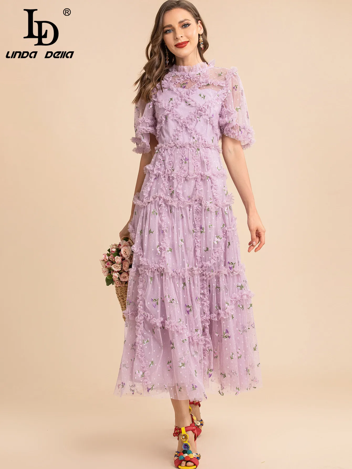 LD LINDA DELLA Designer Summer Long Purple Vacation Dress Women Puff Ruffle Floral Embroidery Dot Mesh Elegant Party Dress