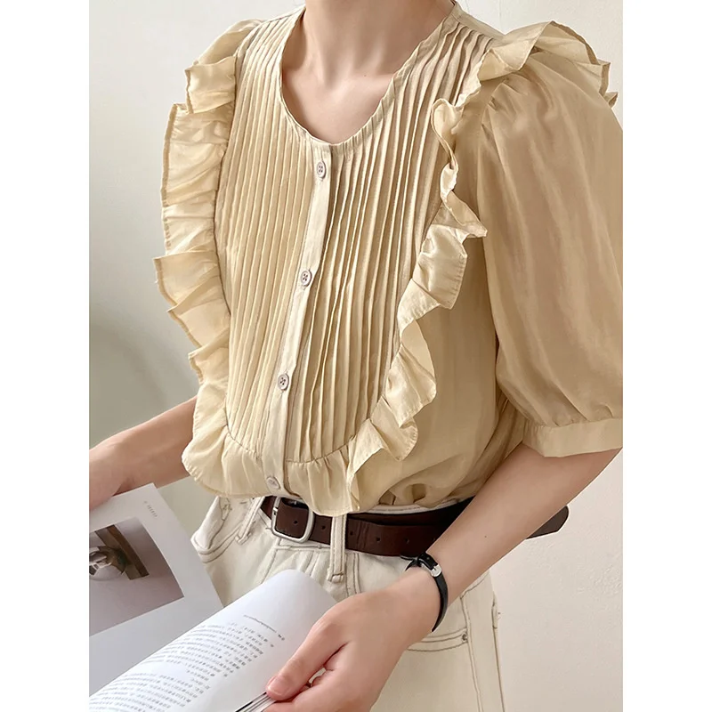 

Imitation Silk Ruffles Shirt Pink White Yellow 2022 Summer Short Sleeve Pleated Shirt