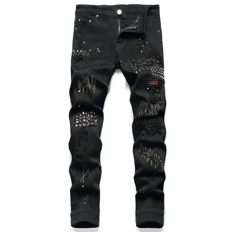 

Black 2021 Elastic Slim Fit Destroyed Ripped Pantalon Homme Skinny Rhinestones Stretch Denim Pants Streetwear Rivet Men Jeans