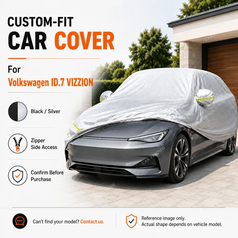 Фото Чехол для автомобиля Volkswagen ID.7 VIZZION, полностью закрывающий, из оксфордской ткани с серебряным покрытием, с боковой молнией для доступа, защита от УФ-излучения, для использования на улице/в парке №1