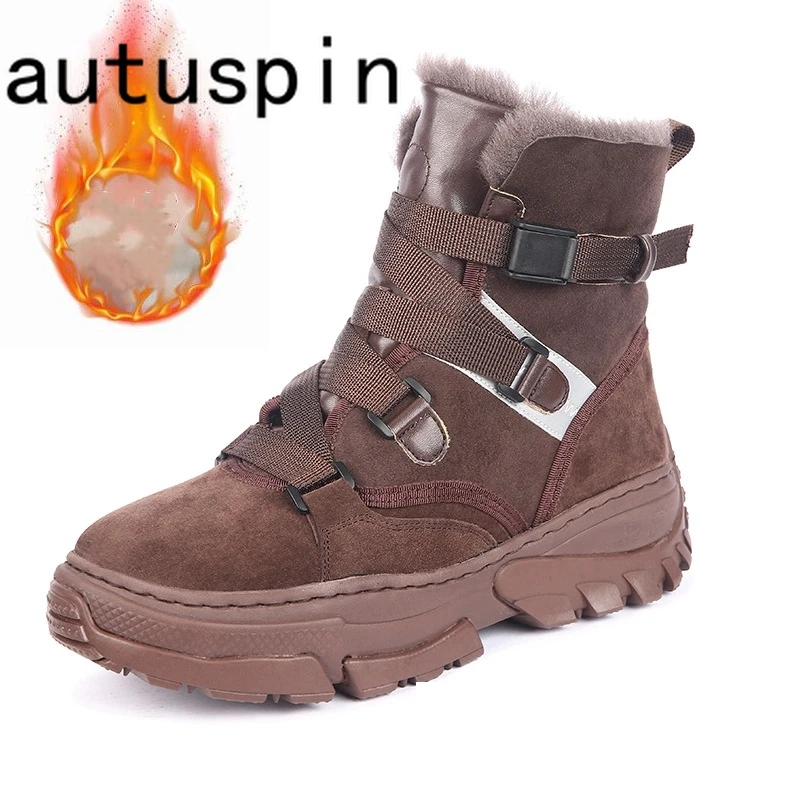 

Autuspin Winter Warm Wool Snow Boots Women Outdoor Retro Suede Leather Casual Shoes Outdoor Ladies Thickened Bottom Flats Boot