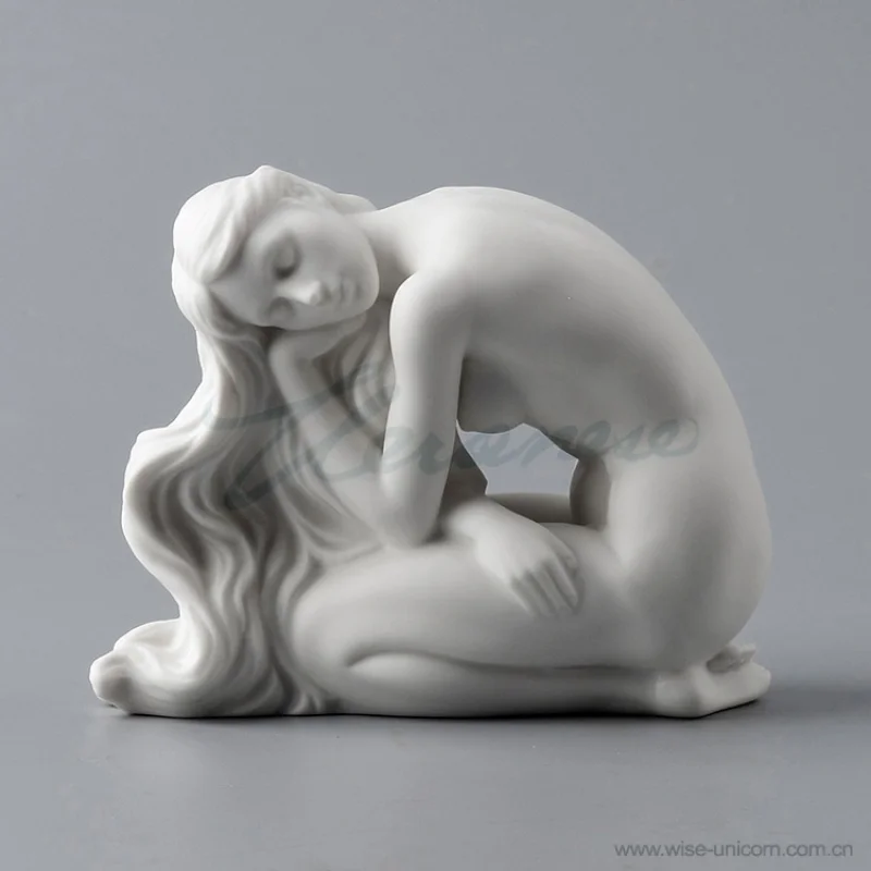 

Creative Decoration Ceramic Matte Glaze Art Nude Girl Kneeling Long Hair Birthday Gift Home Ornament Special Offer