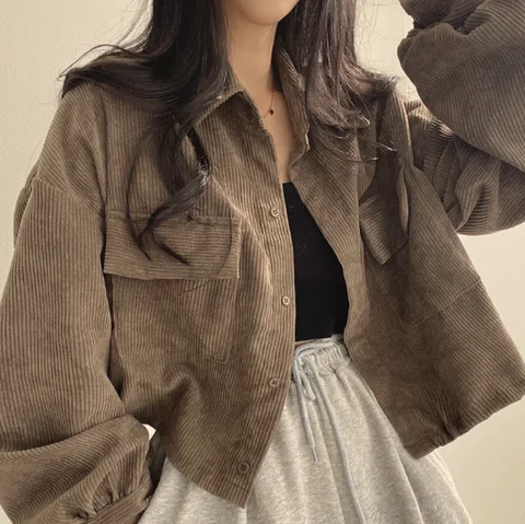 Lapel Collar Jackets Spring Single Breasted Long Sleeve Grey Corduroy Shirt Women Y2k Streetwear All-match Tops Black Coat