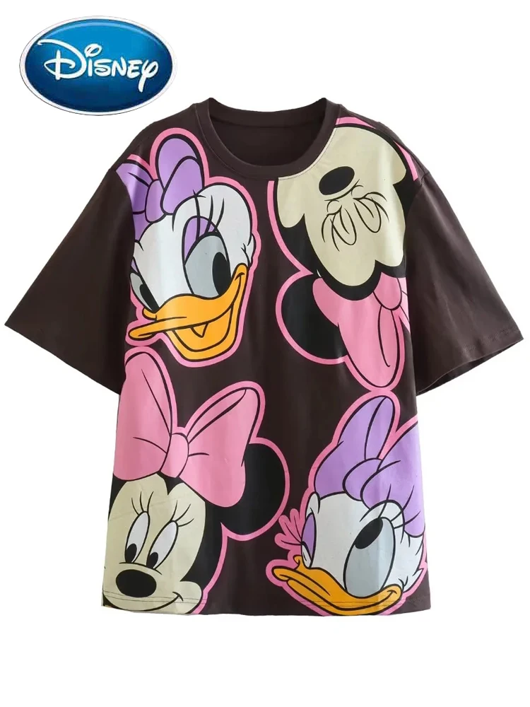 

Хлопковая футболка Disney, модная футболка с изображением Дейзи Дак Минни Маус, с мультяшным принтом, Harajuku, Женский пуловер с коротким рукавом и круглым вырезом, летняя футболка