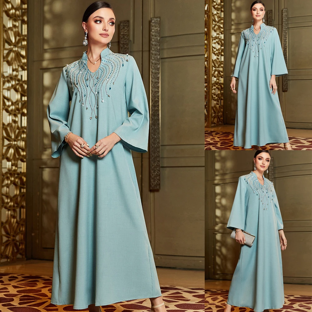 

2023 Summer Jalabiya Rhinestones Middle East Muslim Dress Stand Collar Luxury Long Sleeves Fashion Women Evebning Dresses Abaya