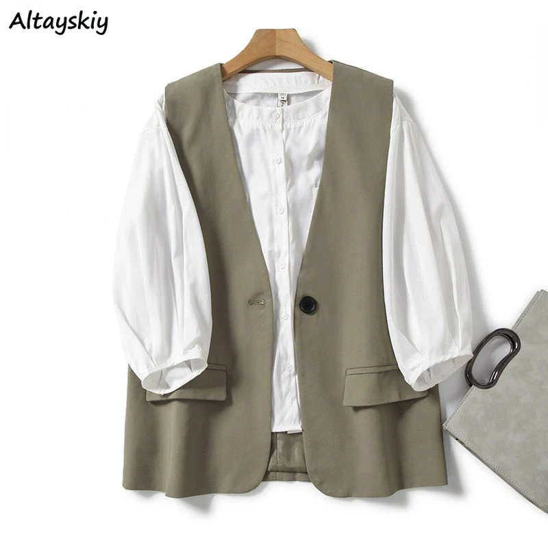 

Sets Women Japanese Style Solid Puff Sleeve Spring Office Lady Temperament Single Button Minimalist High Street Mujer All-match