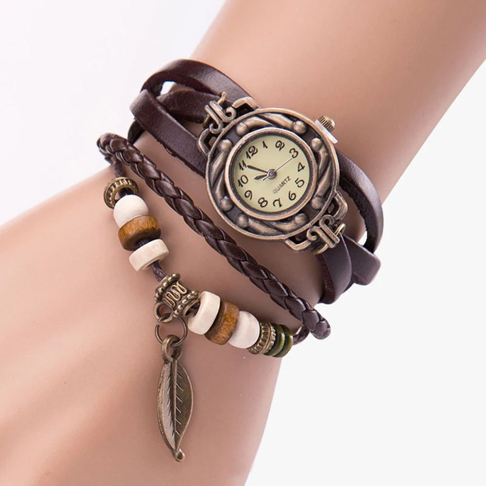 

Multicolor Hohe Qualität Frauen Aus Echtem Leder Vintage Quarz Kleid Uhr Armband Armbanduhren Blatt Geschenk Weihnachten