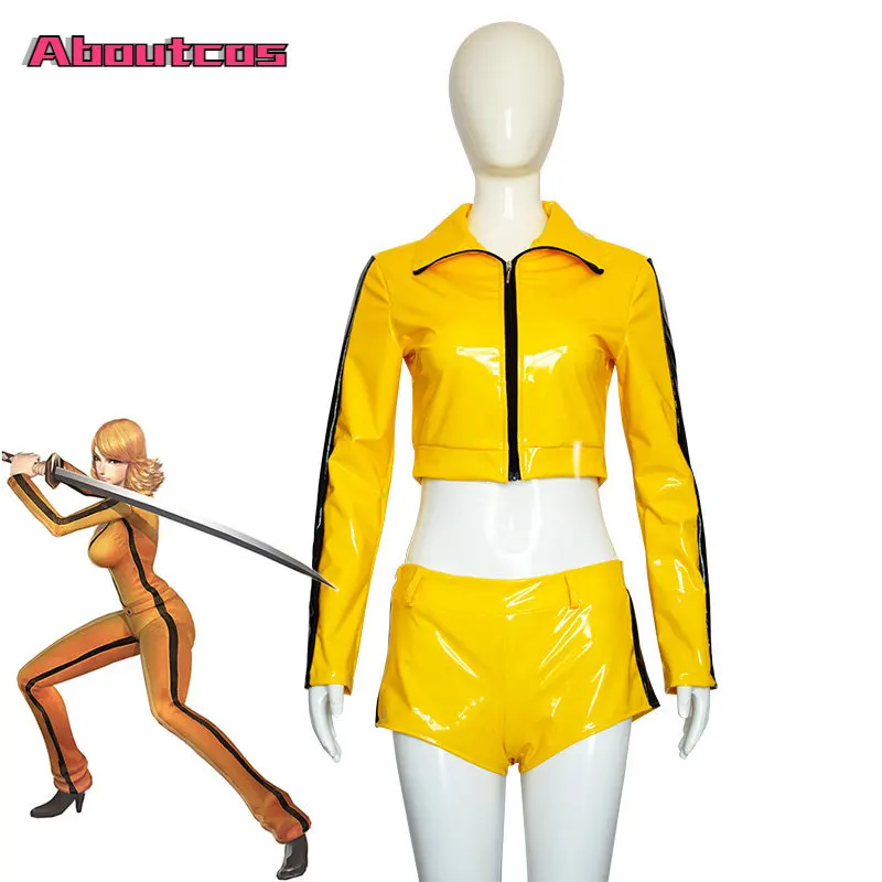 

Aboutcos Movie Kill Bill Cosplay Costume Sexy Top Shorts The Bride Beatrix Kiddo Cosplay Tight Navel Exposed Leather Jacket