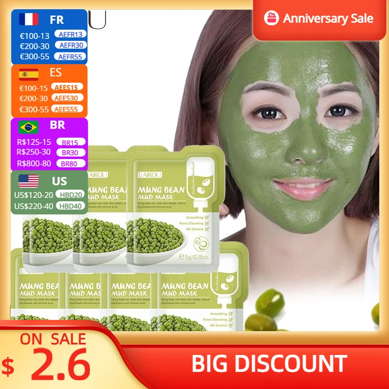 

7pcs Mung Bean Face Cleansing Mud Peeling Acne Blackhead Treatment Mask Remover Contractive Pore Whitening Hydrating Care Cream