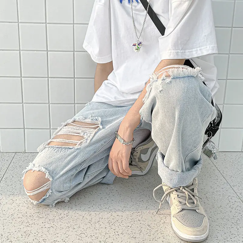 Light Blue Hole Jeans for Men Summer Fashion Casual Trousers Thin Loose Pants Bottoms Vintage Male Cloting Streetwear Plus Size
