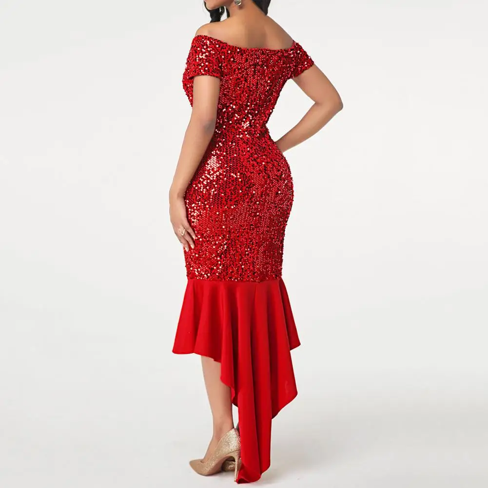 

Sexy Dress Irregular Ruffle Hem Evening Dress Elegant Off Shoulder Sequins Evening Party Maxi Dress