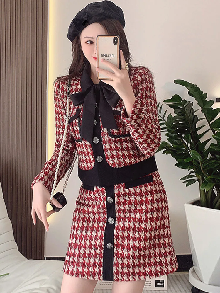 

Женский твидовый комплект из двух предметов, красная клетчатая куртка с длинным рукавом и бантом и облегающая мини-юбка, Новинка осени 2023