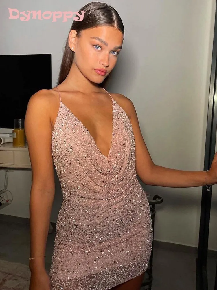 

Dynoppy Women Sleeveless Sexy Sequins Mini Dress Chic Criss Cross Backless Outfits Cowl Neck Party Birthday Clothes Party Dress