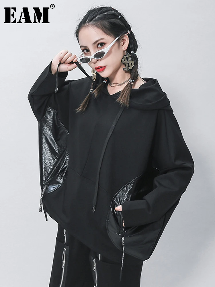 

[EAM] Loose Fit Black Split Joint Pocket Sweatshirt New Round Neck Long Sleeve Women Big Size Fashion Spring Autumn 2022 1Z323