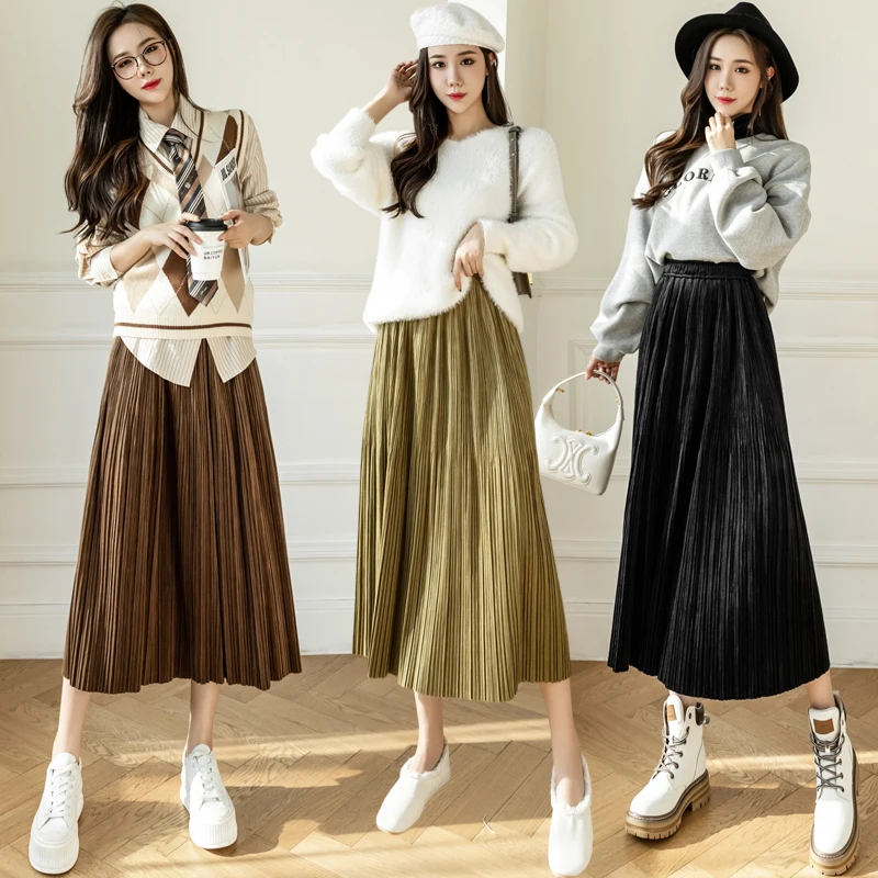 

Velvet Solid Folds Skirts Women 2022 New Korean Elastic Waist Casual Loose A-LINE Pleated Skirt Non Strech Mid-Calf Clothing