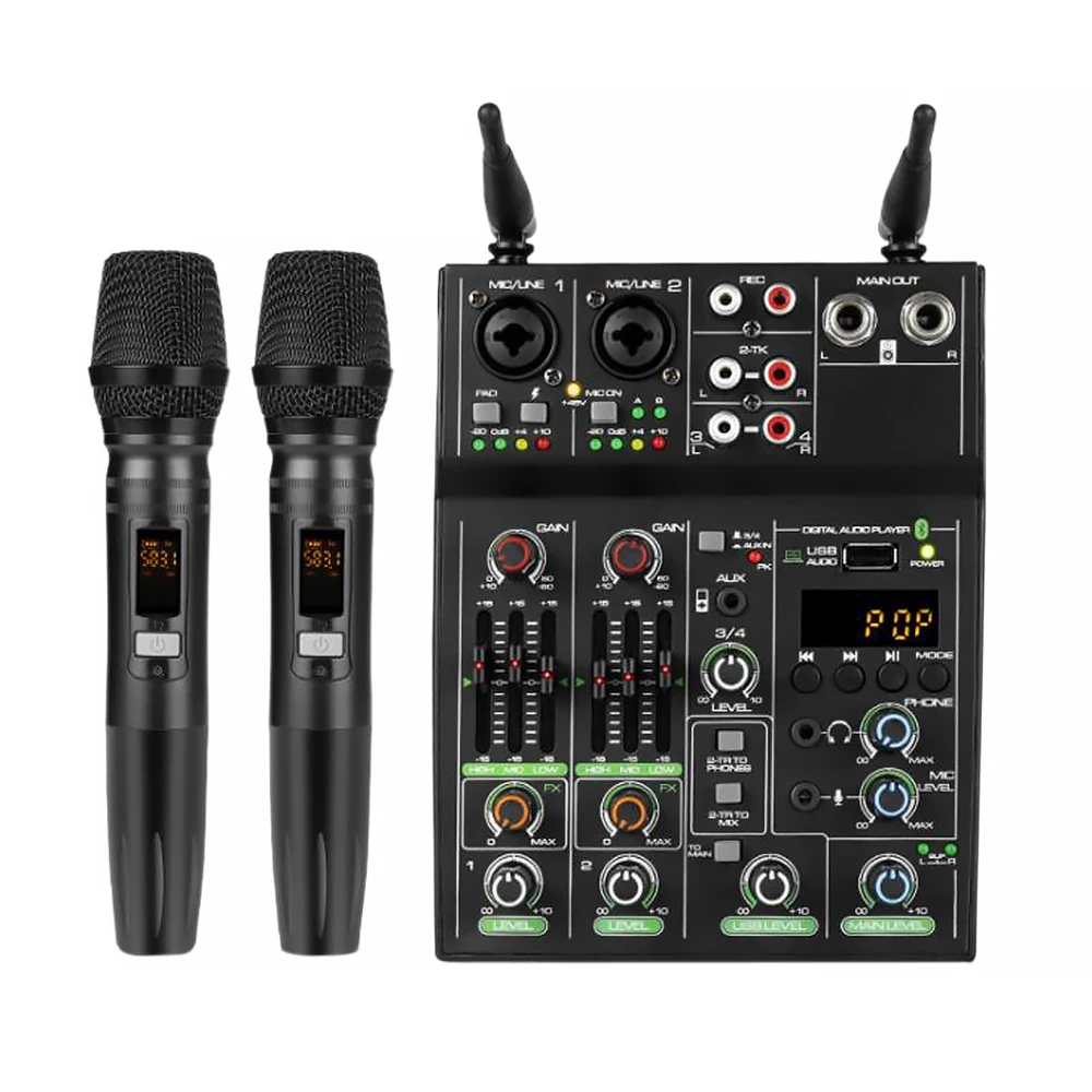 

4 Channel Audio Mixer Console One for Two Wireless Microphone Mixer, Bluetooth K Song Karaoke