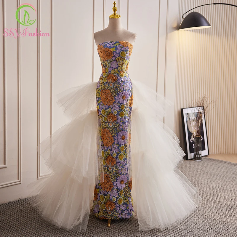 

SSYFashion New Luxury Sequin Embroidery Mermaid Evening Dress for Women Strapless with Removable Tail Party Formal Gown Vestido