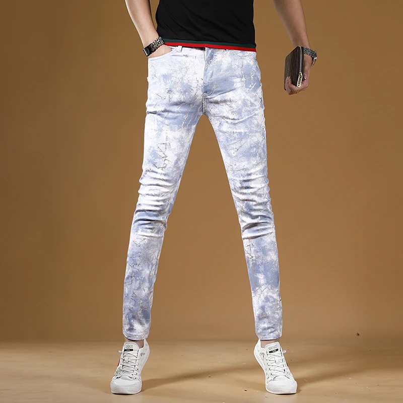Summer Men White Blue Jeans Fashion Casual Slim Fit Straight Pants Streetwear Digital Printing Denim Trousers