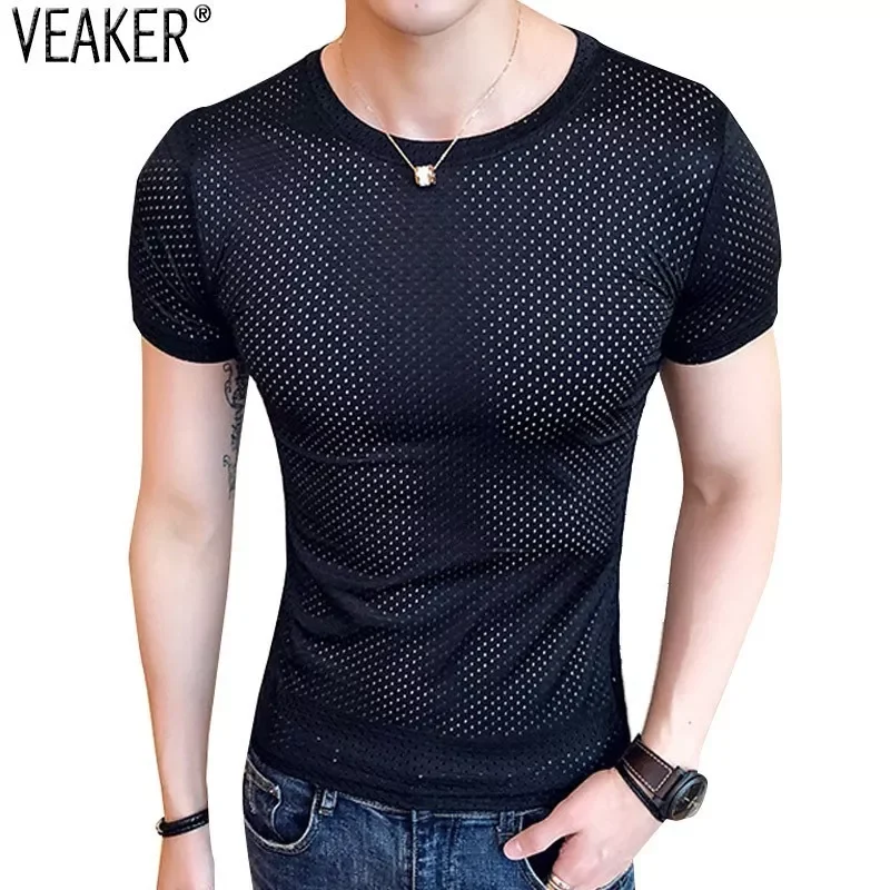 

2023NEW New Men's Sexy Transparent Mesh T-shirts Male Short Sleeve Hollow Out T Shirt Summer Casual Fitness Tee Tops Plus S
