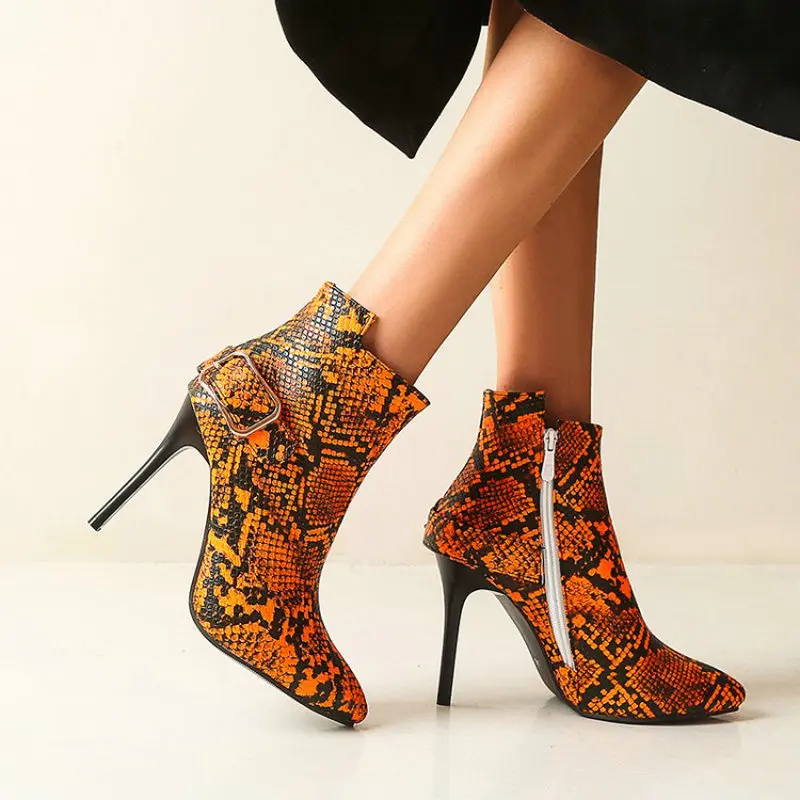 

Женские ботинки с принтом змеиной кожи, желтые или оранжевые ботильоны на тонком высоком каблуке, большие размеры 35-48, обувь для осени и зимы, 2020