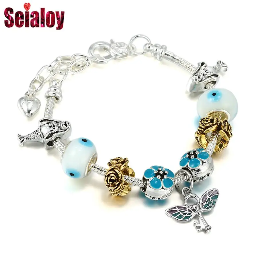 

Seialoy Ocean Blue Eyes Beads Wing Key Charm Bracelets For Women Original Flower Princess Beaded Lobster Clasp Bangle Gifts
