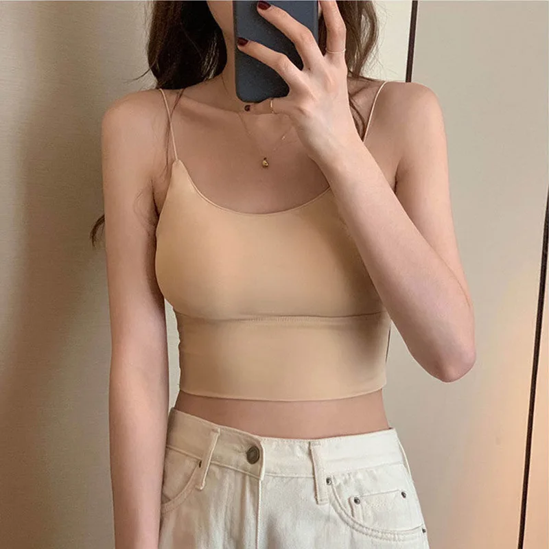 Сексуальный однотонный укороченный топ спортивный на бретелях-спагетти женский