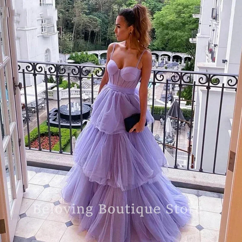 

Elegant Purple Long Prom Dresses Sweetheart Tulle Ruffles Evening Dresses Tiered A-Line Party Engagement Dress Custom Made 2024