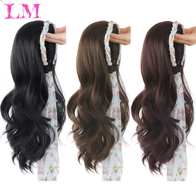 

LM Synthetic Long Wavy Headband Wig Female Ombre Brown Black Blonde Cosplay Natural Heat Resistant Half Hair Wig for Women